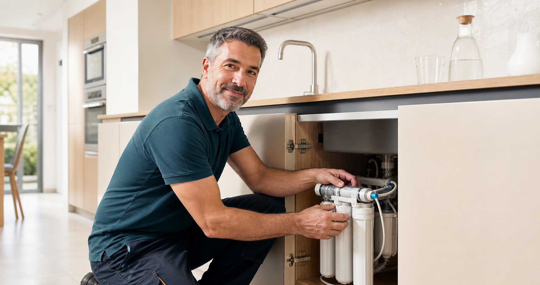 Tecnico EcoLife durante la manutenzione di un depuratore d’acqua sottolavello